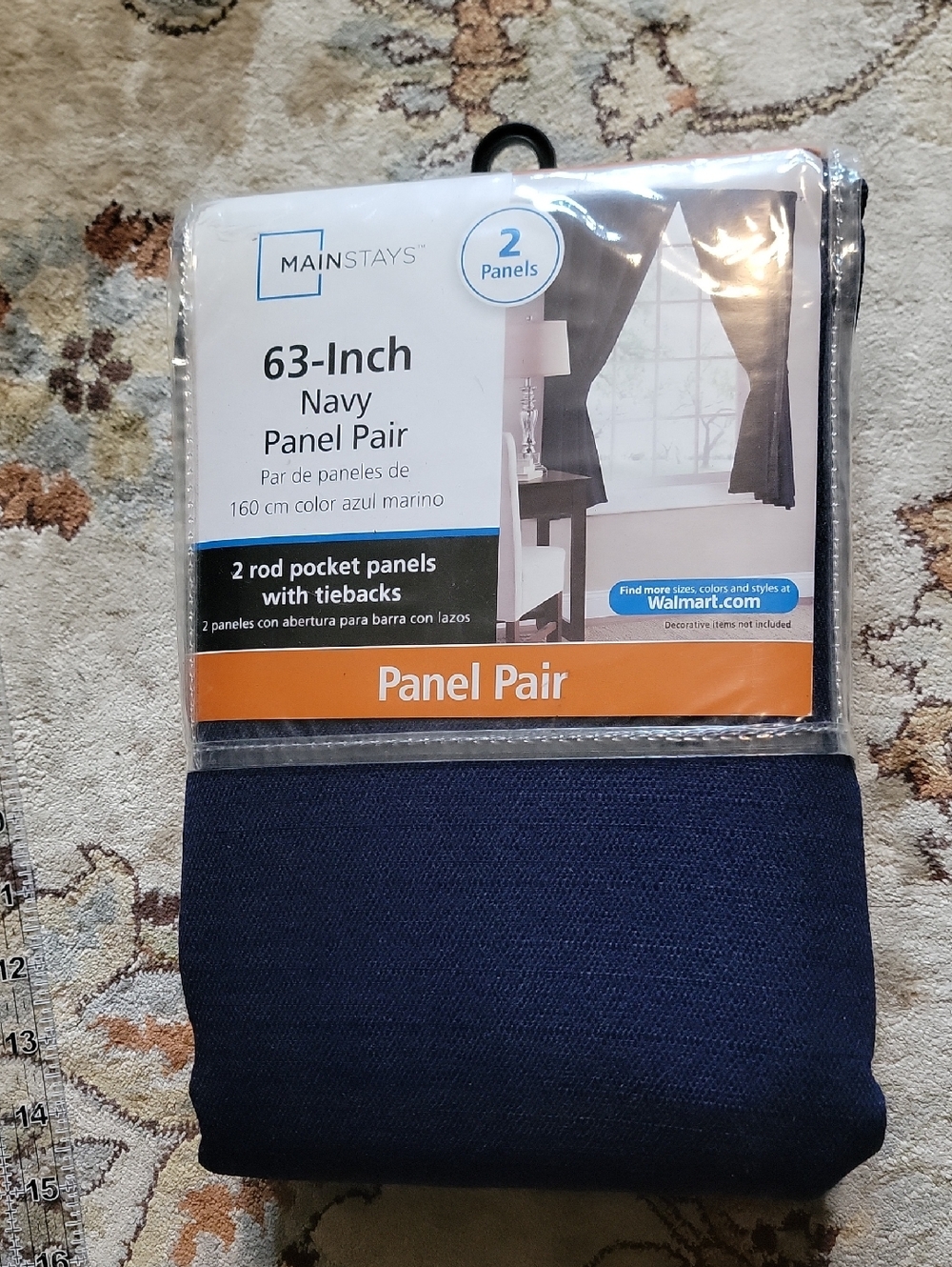 N̈EW Mainstays Navy Curtain Panel Pair 63"×40" 2 Rod Pocket Panels W/ Tiebacks
